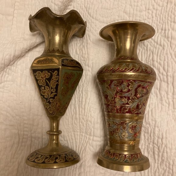 Two Antique Brass Decor Vases - Picture 2 of 12